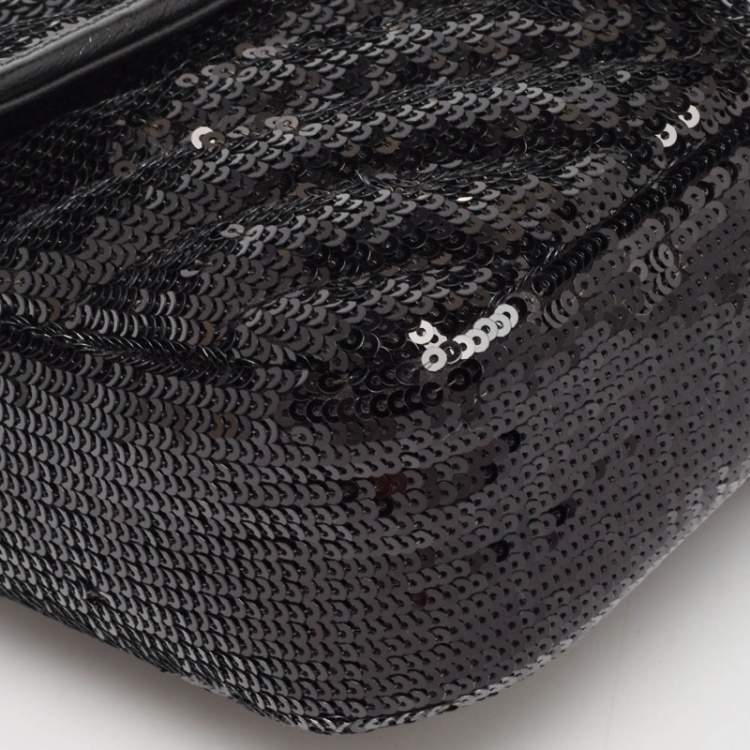 Pre Owned Gucci Black Diagonal Sequins and Leather Mini GG Marmont Shoulder Bag