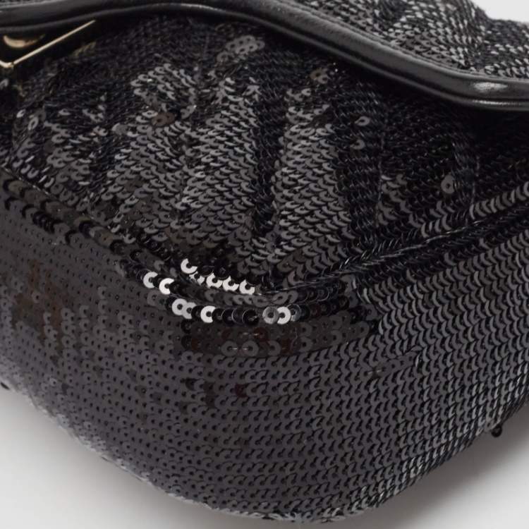 Pre Owned Gucci Black Diagonal Sequins and Leather Mini GG Marmont Shoulder Bag