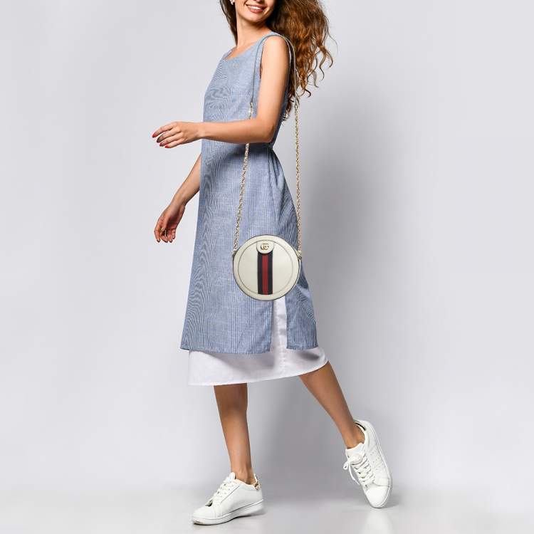 Pre Owned Gucci Off White Leather Mini Ophidia Round Shoulder Bag