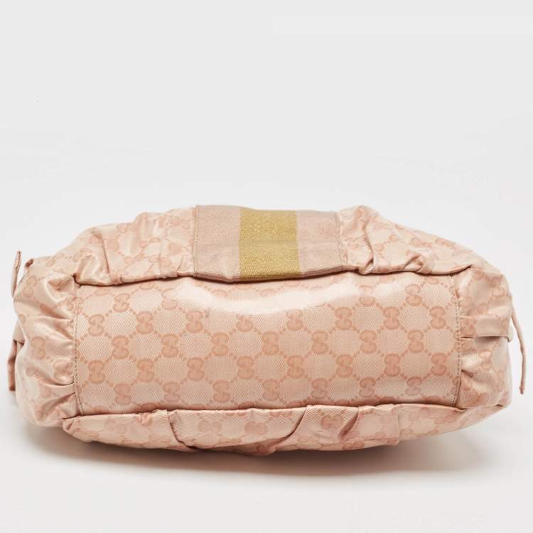 Pre Owned Gucci Pink GG Crystals Canvas Horsebit Charm Web Hobo