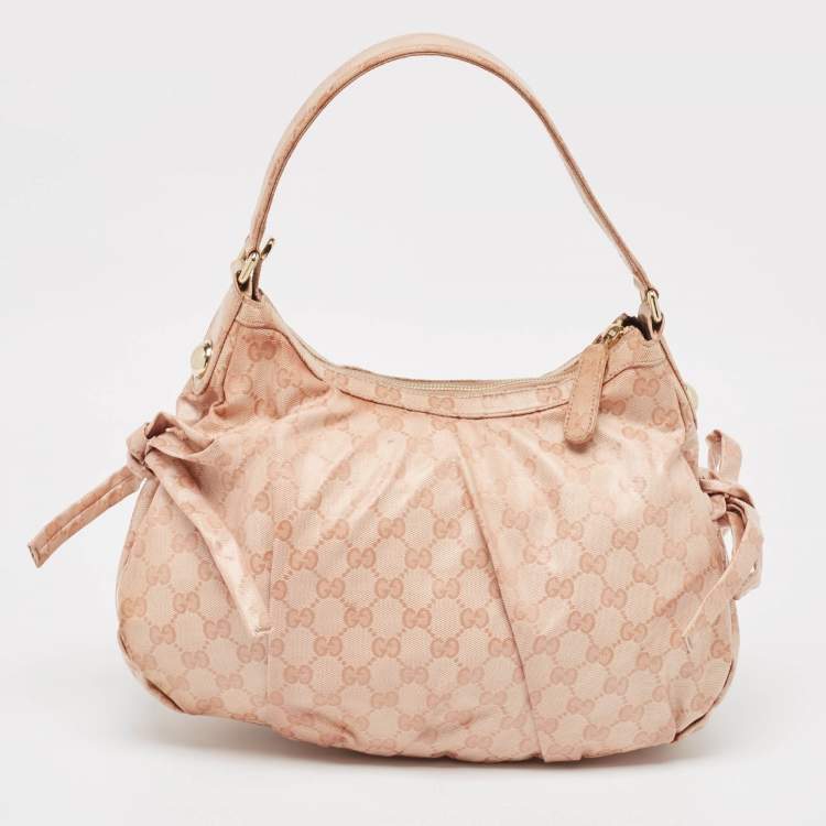 Pre Owned Gucci Pink GG Crystals Canvas Horsebit Charm Web Hobo
