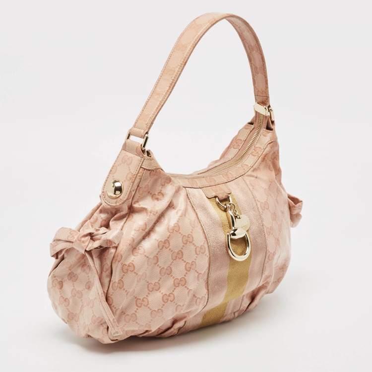 Pre Owned Gucci Pink GG Crystals Canvas Horsebit Charm Web Hobo