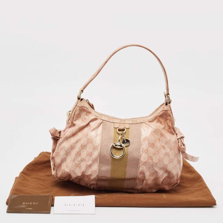 Pre Owned Gucci Pink GG Crystals Canvas Horsebit Charm Web Hobo
