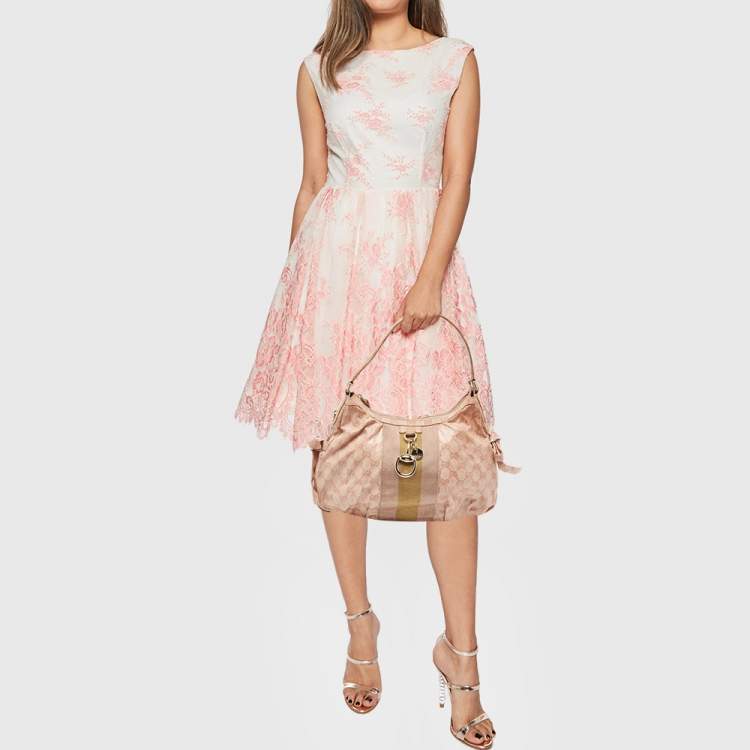Pre Owned Gucci Pink GG Crystals Canvas Horsebit Charm Web Hobo
