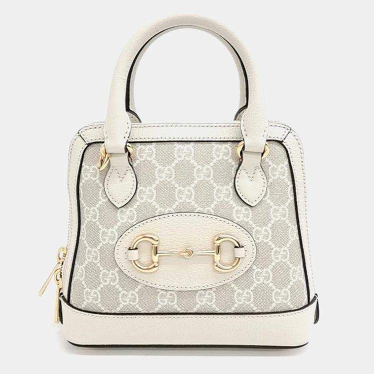 Pre Owned Gucci Ivory GG Canvas and Leather Mini Horsebit 1955 Top Handle Bag