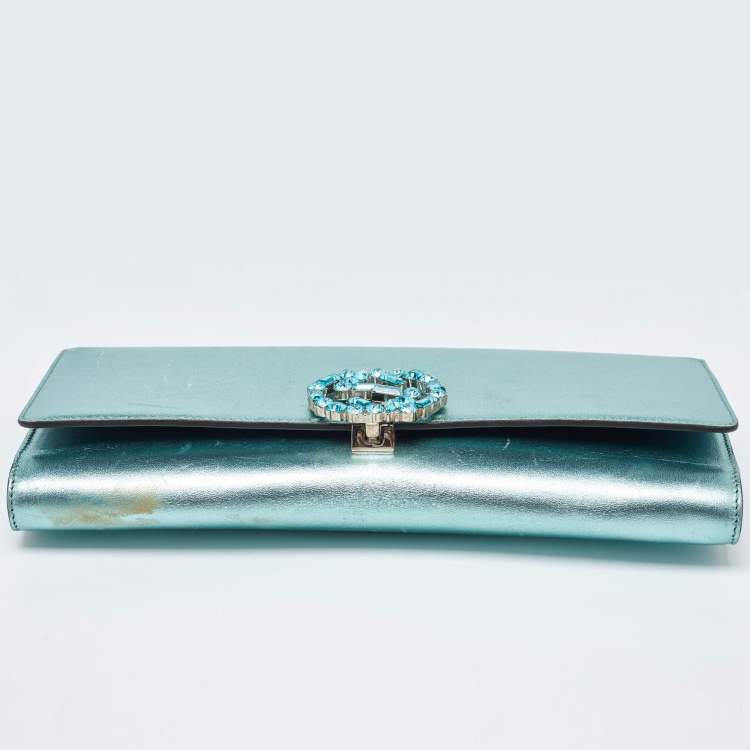 Pre Owned Gucci Metallic Leather Crystal Interlocking G Broadway Clutch