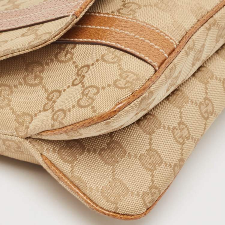 Pre Owned Gucci Beige/Brown GG Canvas and Leather Flap Top Handle Bag