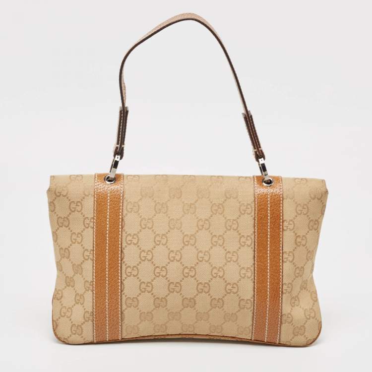 Pre Owned Gucci Beige/Brown GG Canvas and Leather Flap Top Handle Bag