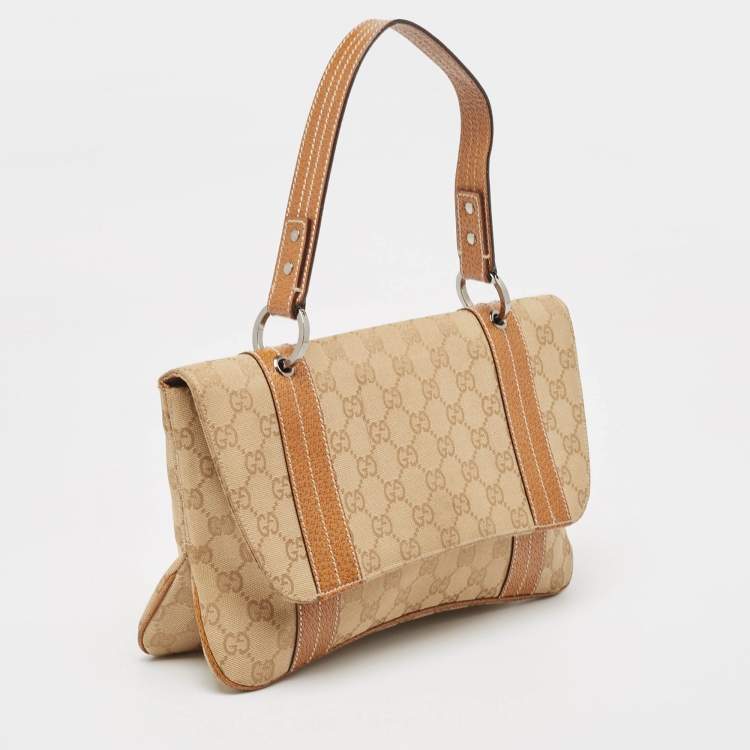 Pre Owned Gucci Beige/Brown GG Canvas and Leather Flap Top Handle Bag