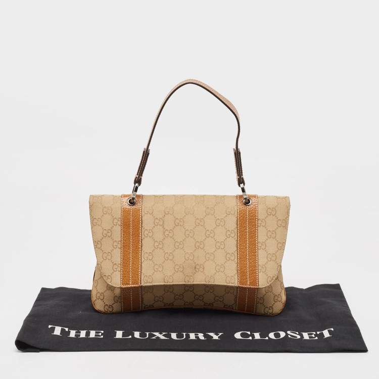 Pre Owned Gucci Beige/Brown GG Canvas and Leather Flap Top Handle Bag