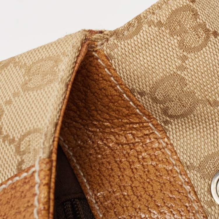 Pre Owned Gucci Beige/Brown GG Canvas and Leather Flap Top Handle Bag