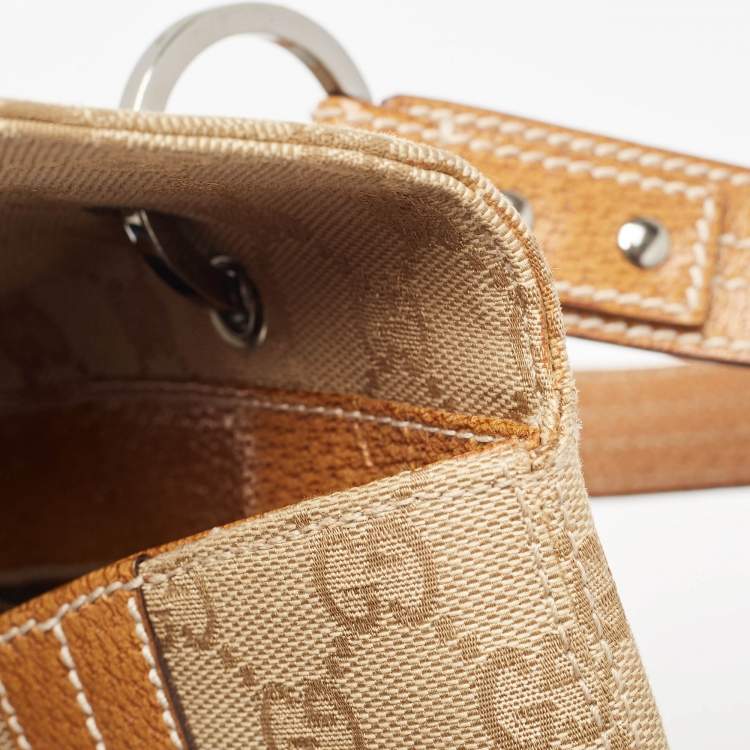 Pre Owned Gucci Beige/Brown GG Canvas and Leather Flap Top Handle Bag