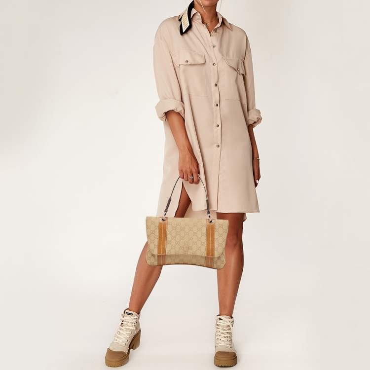 Pre Owned Gucci Beige/Brown GG Canvas and Leather Flap Top Handle Bag