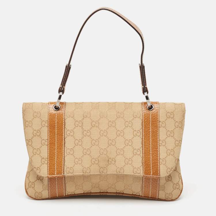 Pre Owned Gucci Beige/Brown GG Canvas and Leather Flap Top Handle Bag