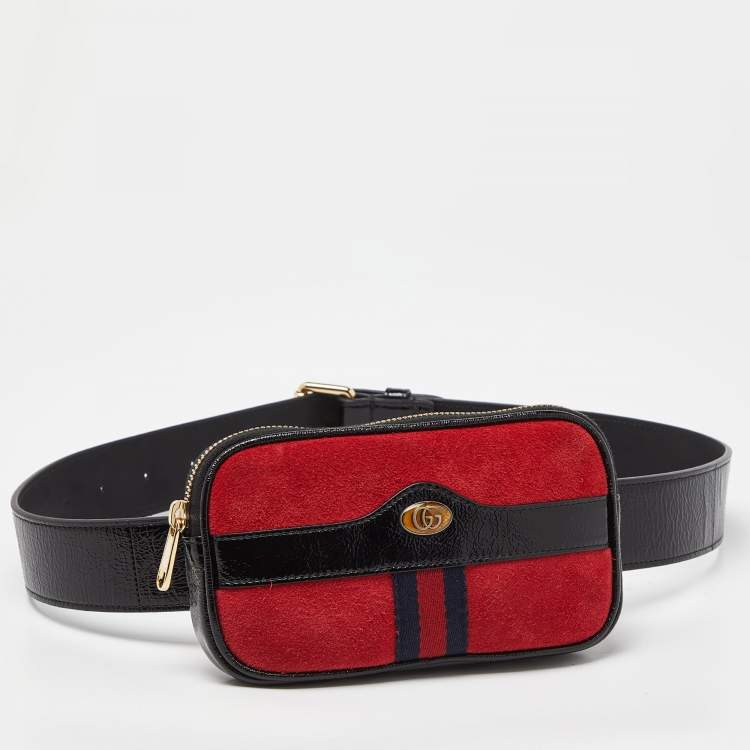 Pre Owned Gucci Red/Black Suede and Patent Leather Ophidia Belt Bag