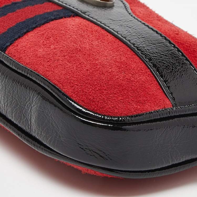 Pre Owned Gucci Red/Black Suede and Patent Leather Ophidia Belt Bag