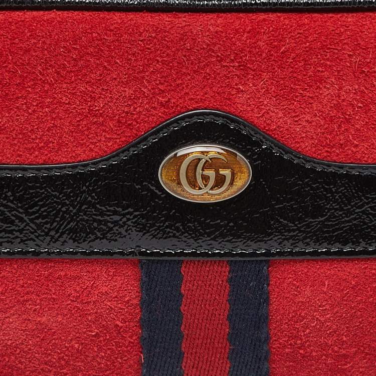 Pre Owned Gucci Red/Black Suede and Patent Leather Ophidia Belt Bag