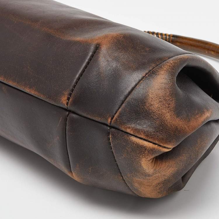 Pre Owned Gucci Two Tone Brown Leather Satchel