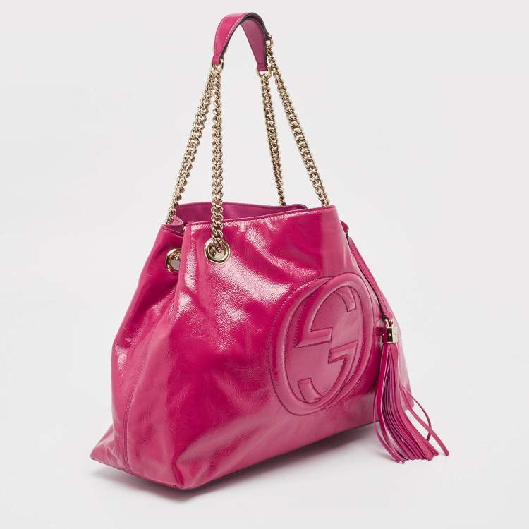 Pre Owned Gucci Magenta Patent Leather Medium Soho Chain Tote
