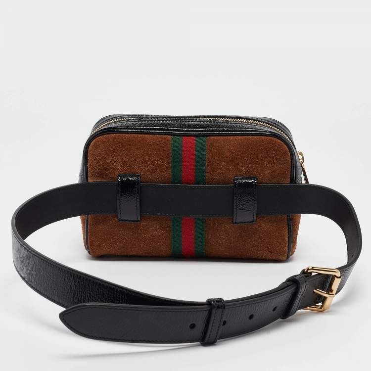 Pre Owned Gucci Black/Brown Suede and Patent Leather Ophidia Belt Bag