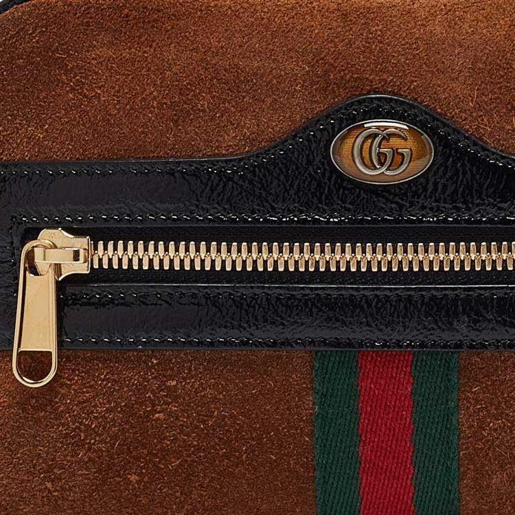 Pre Owned Gucci Black/Brown Suede and Patent Leather Ophidia Belt Bag
