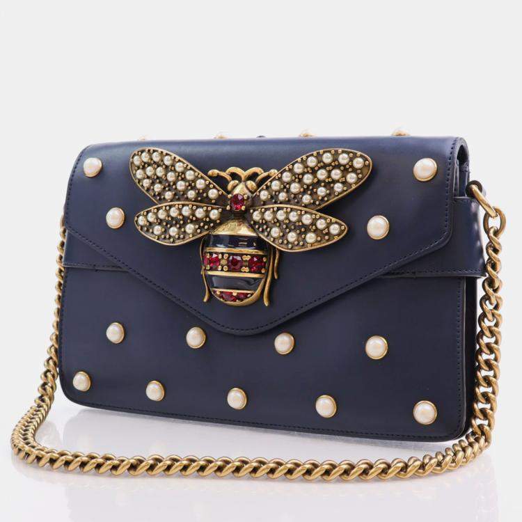 Gucci Blue Leather Broadway Pearly Bee Shoulder Bag Gucci TLC