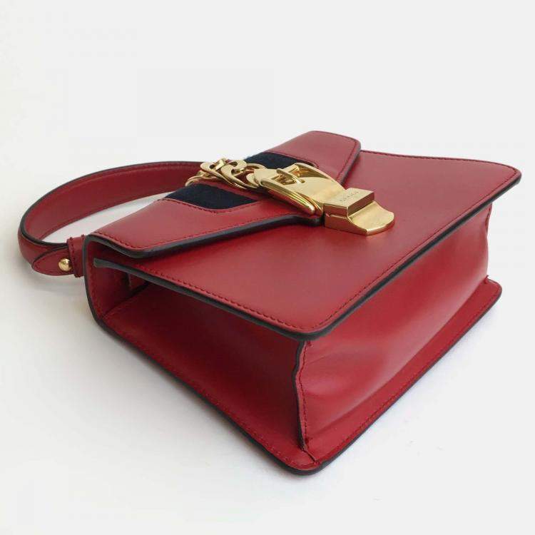 Pre Owned Gucci Red Leather Mini Sylvie Shoulder Bag