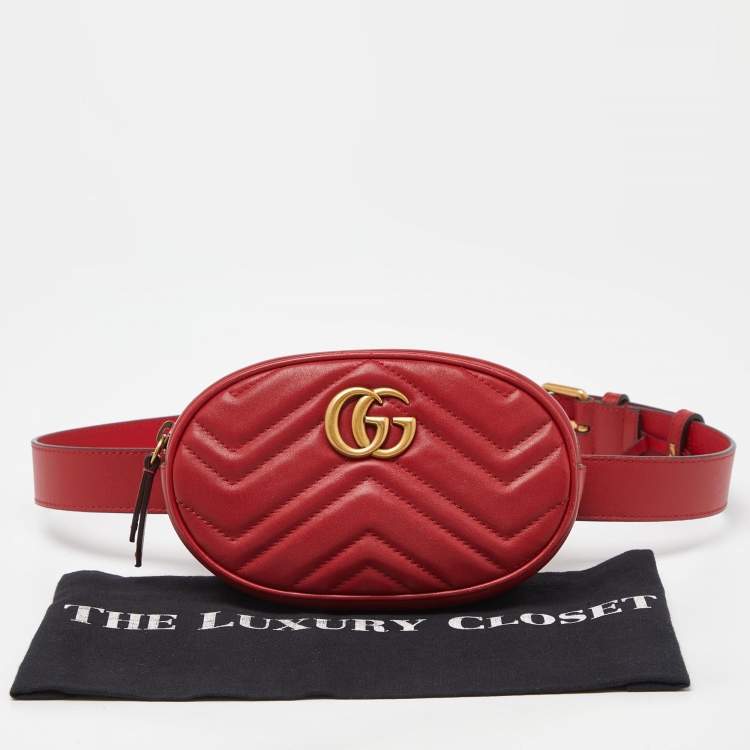 Pre Owned Gucci Red Matelassé Leather GG Marmont Belt Bag