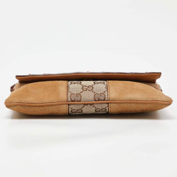 Pre Owned Gucci Two Tone Beige GG Canvas, Suede and Leather Flap Pochette 
