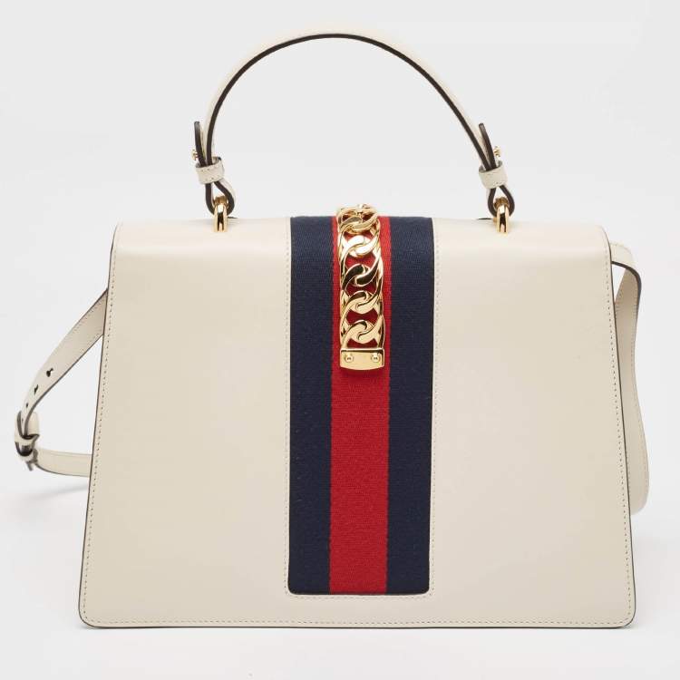 Pre Owned Gucci White Leather Floral Embroidered Medium Sylvie Top Handle Bag