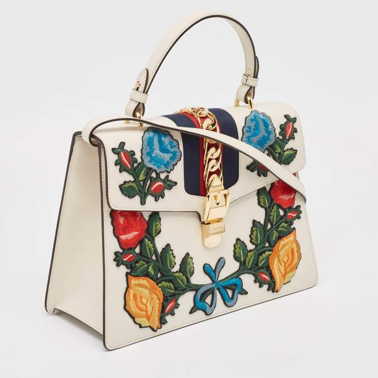 Pre Owned Gucci White Leather Floral Embroidered Medium Sylvie Top Handle Bag
