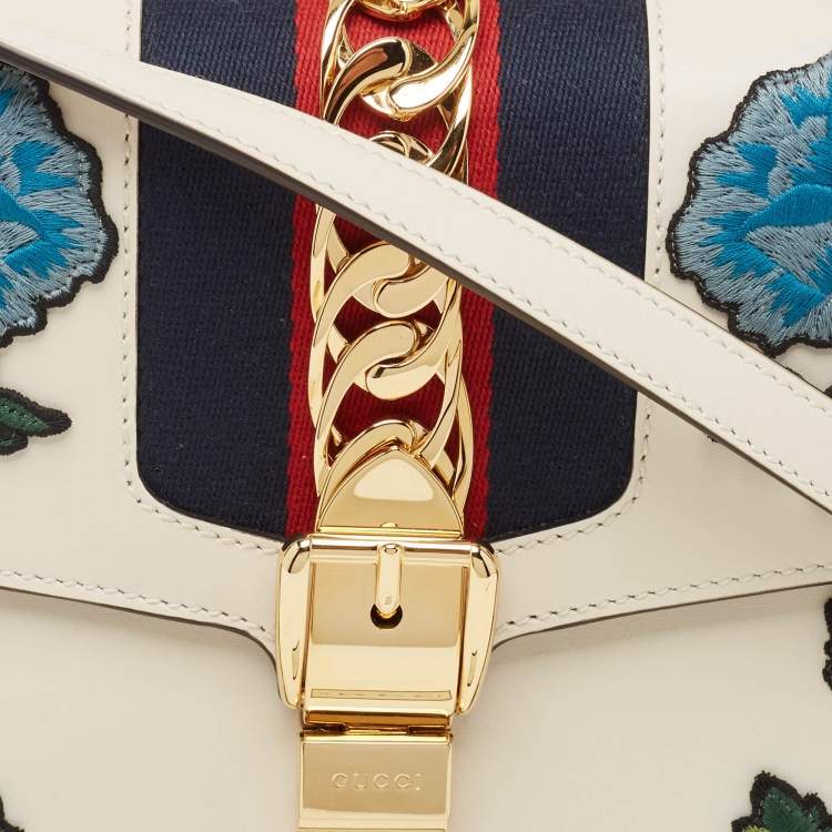 Pre Owned Gucci White Leather Floral Embroidered Medium Sylvie Top Handle Bag