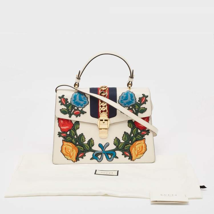Pre Owned Gucci White Leather Floral Embroidered Medium Sylvie Top Handle Bag