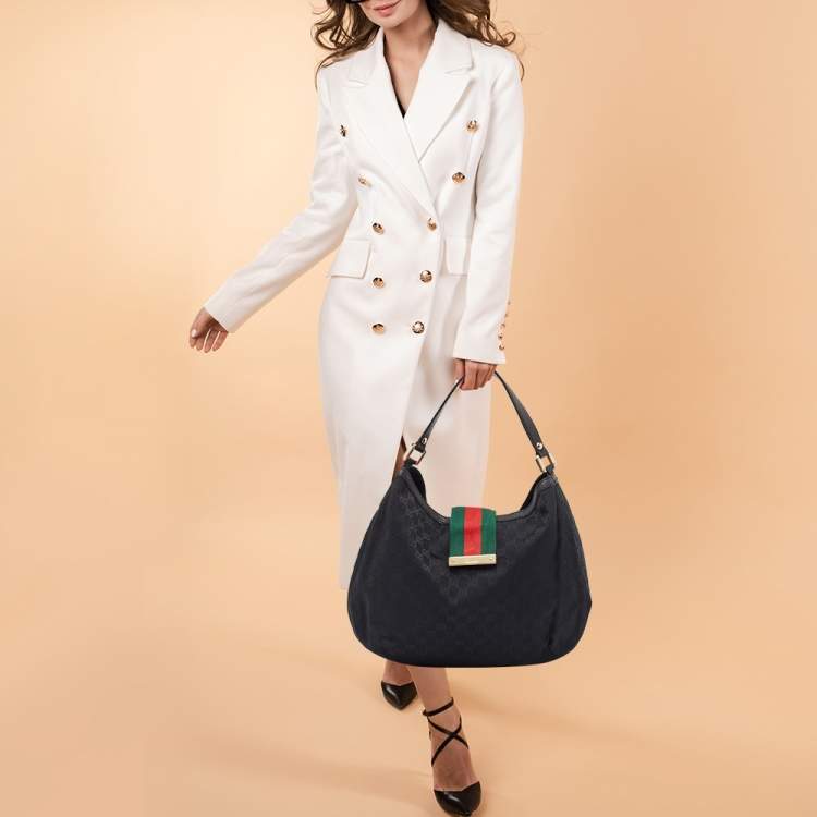 Pre Owned Gucci Black GG Canvas and Leather New Ladies Web Hobo
