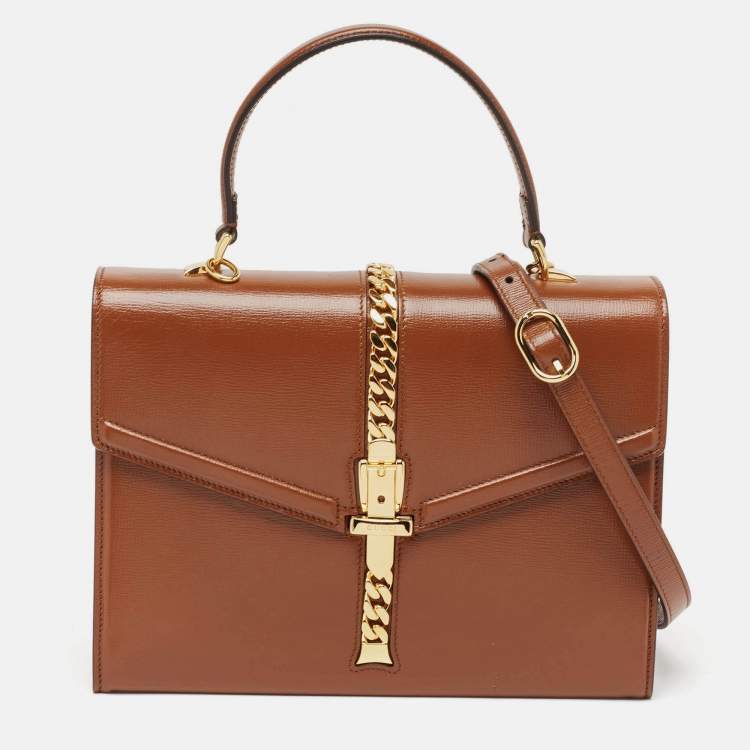 Pre Owned Gucci Brown Leather Sylvie 1969 Top Handle Bag