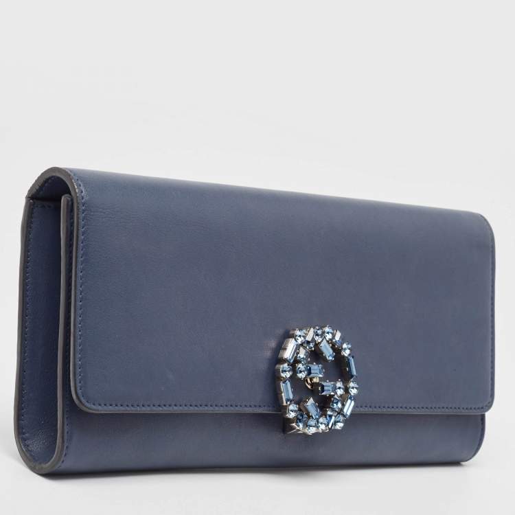 Pre Owned Gucci Dark Blue Leather GG Crystals Broadway Clutch
