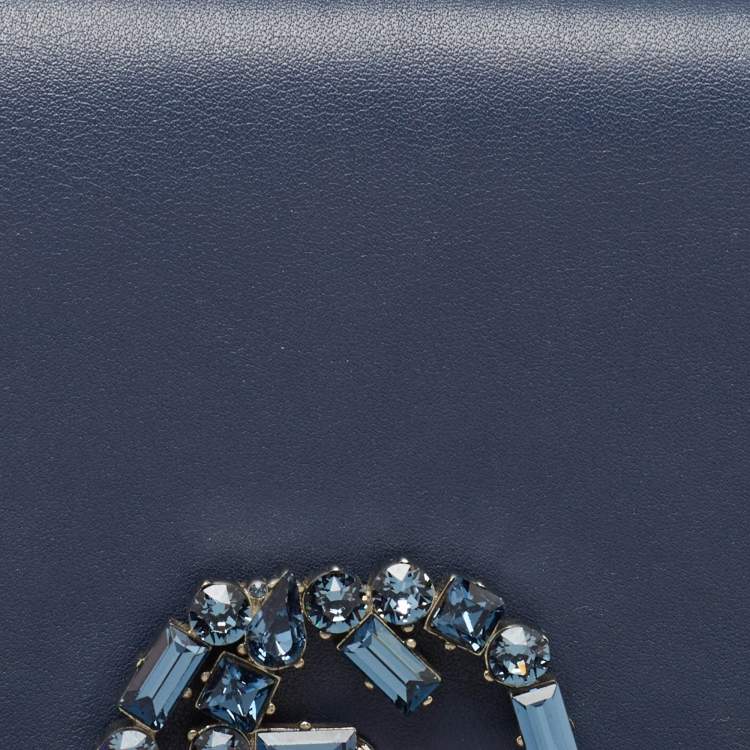 Pre Owned Gucci Dark Blue Leather GG Crystals Broadway Clutch