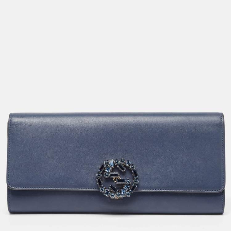 Authentic Gucci Dark Blue-Gray Leather Long Wallet / Clutch on sale