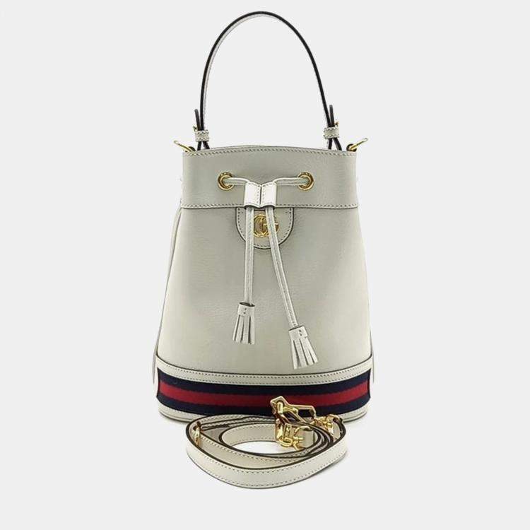 Gucci Ivory Navy Blue Red Leather Ophidia Small Bucket Bag Gucci The Luxury Closet