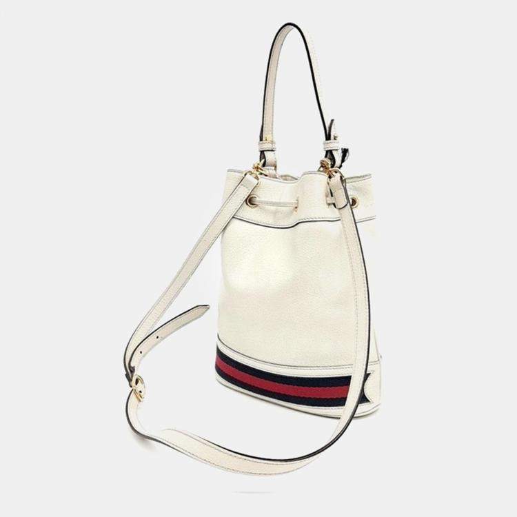Pre Owned Gucci Ivory/Navy Blue/Red Leather Ophidia Small Bucket Bag