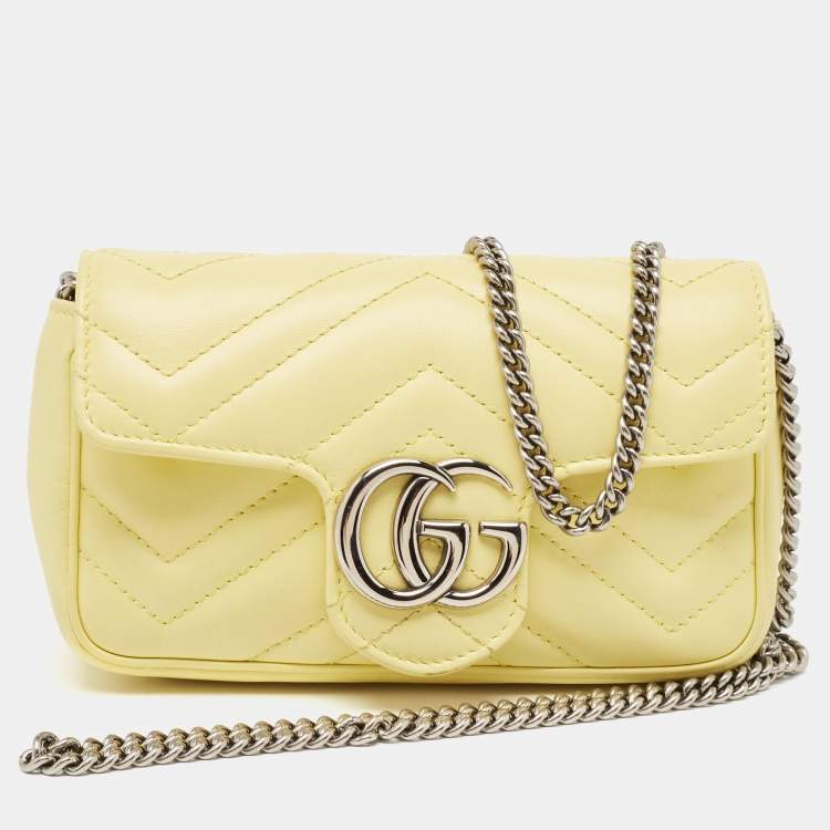 Pre Owned Gucci Yellow Matelassé Leather Super Mini GG Marmont Shoulder Bag