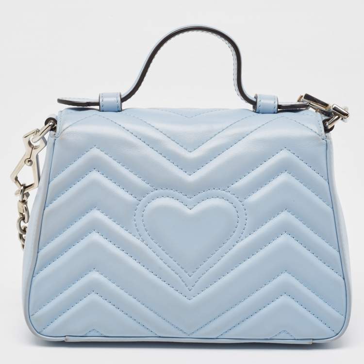 Pre Owned Gucci Blue Matelassé Leather Mini GG Marmont Top Handle Bag