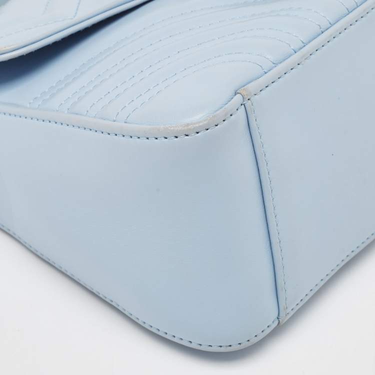 Pre Owned Gucci Blue Matelassé Leather Mini GG Marmont Top Handle Bag
