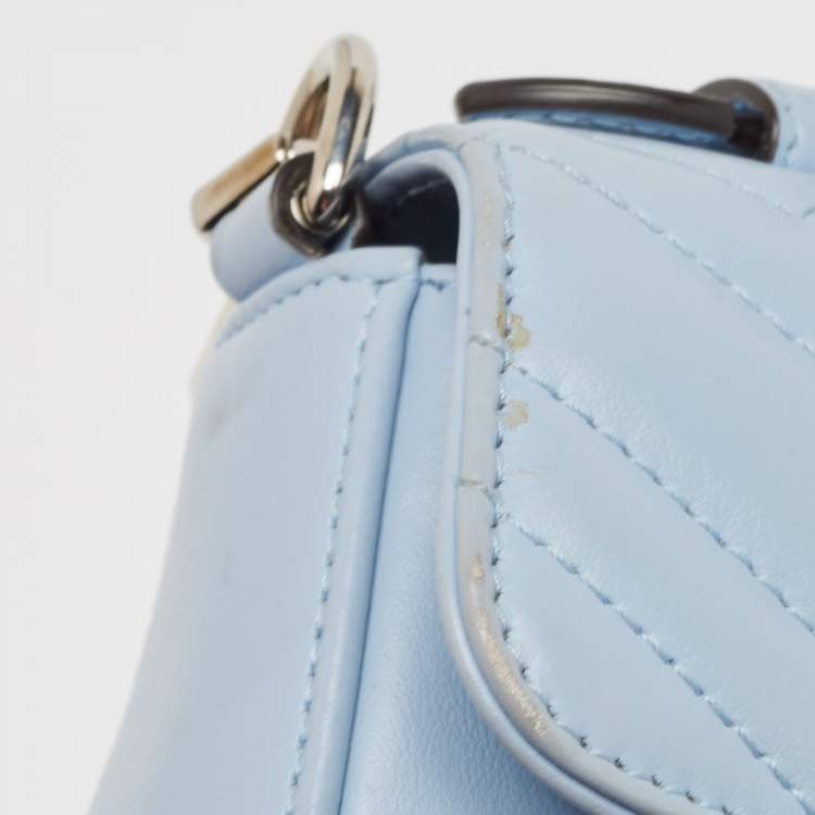 Pre Owned Gucci Blue Matelassé Leather Mini GG Marmont Top Handle Bag