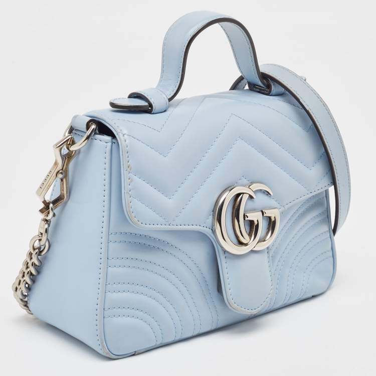 Pre Owned Gucci Blue Matelassé Leather Mini GG Marmont Top Handle Bag