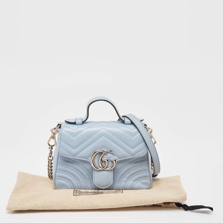 Pre Owned Gucci Blue Matelassé Leather Mini GG Marmont Top Handle Bag