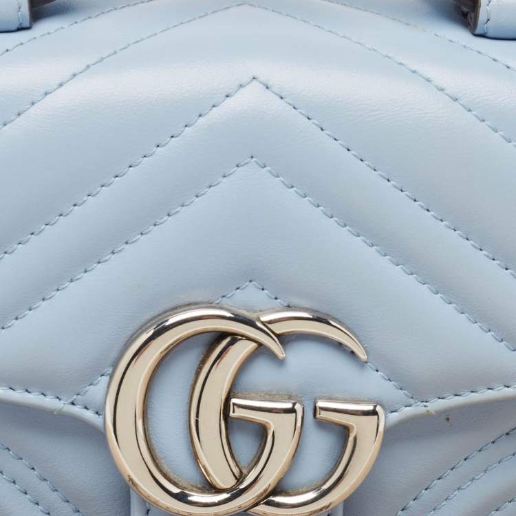 Pre Owned Gucci Blue Matelassé Leather Mini GG Marmont Top Handle Bag
