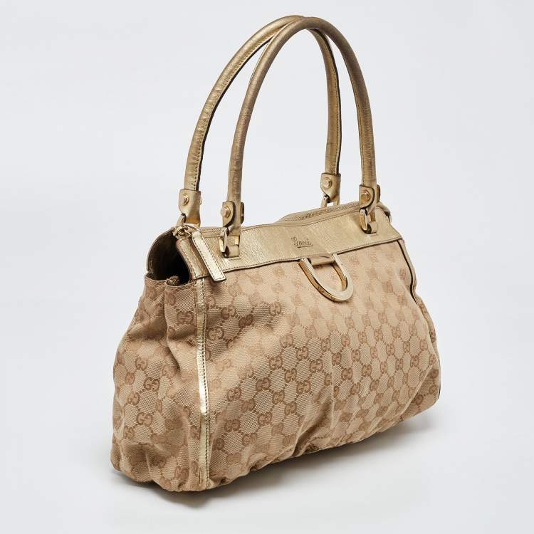 Pre Owned Gucci Beige/Gold GG Canvas and Leather D Ring Satchel