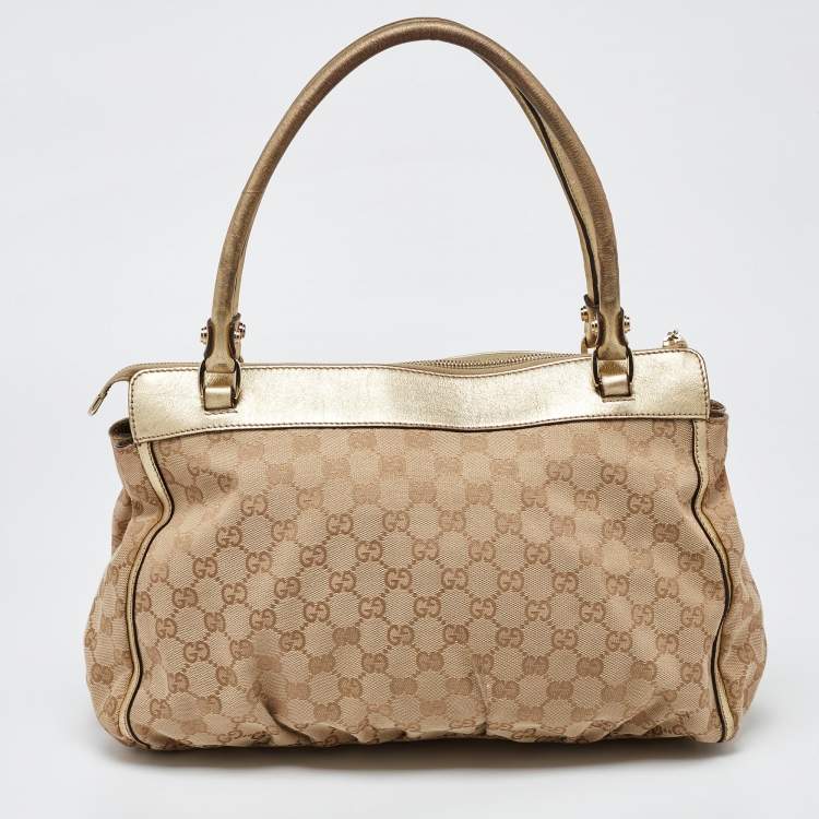 Pre Owned Gucci Beige/Gold GG Canvas and Leather D Ring Satchel