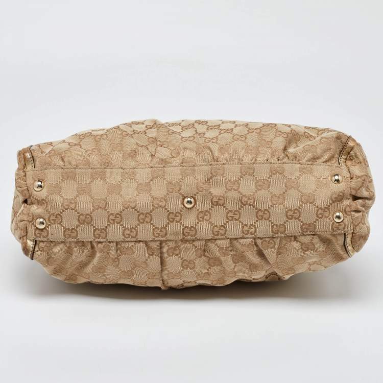 Pre Owned Gucci Beige/Gold GG Canvas and Leather D Ring Satchel